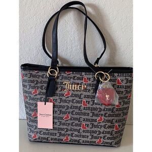 Juicy Couture I Heart Juicy Tote Bag Black With Red Hearts All Over Logo NEW